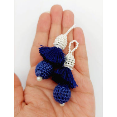 Navy Blue Crochet Ball Tassels With White Pearls Beads, Tassel Charms, Nylon Tassels x 2
